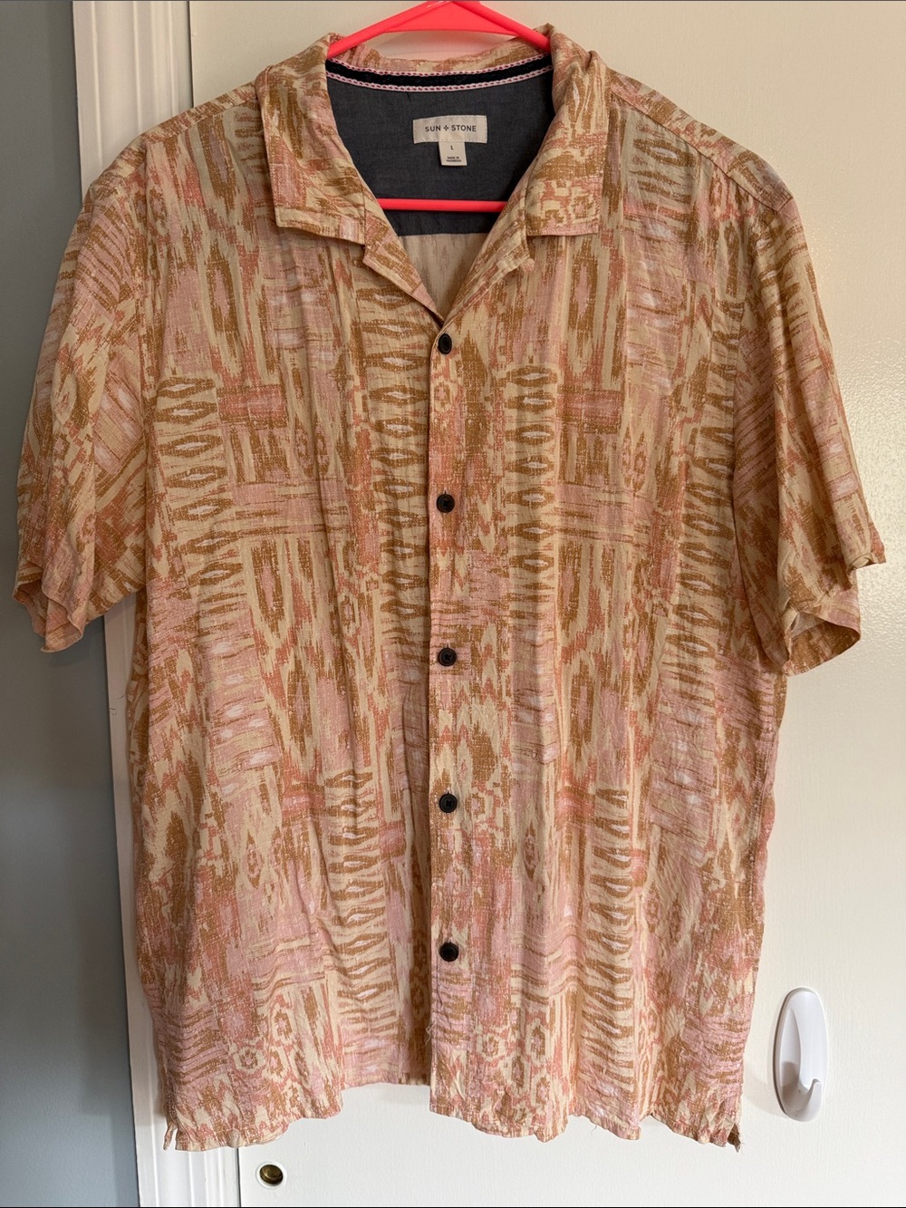 Sun + Stone Short-Sleeve Button-Up Shirt in Pink and Tan Abstract Print